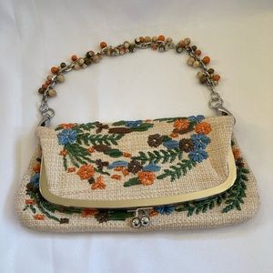Rafe Embroidered Clutch Purse with removable chain. Made of natural fiber. EUC